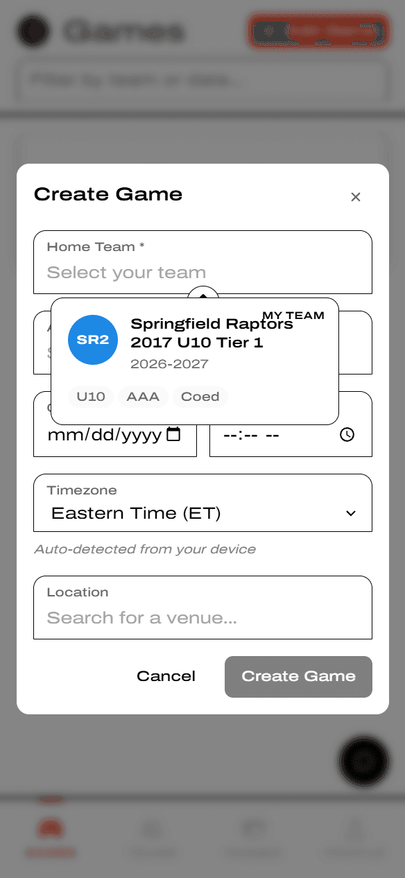 Home Team picker showing a MY TEAM tagged team card