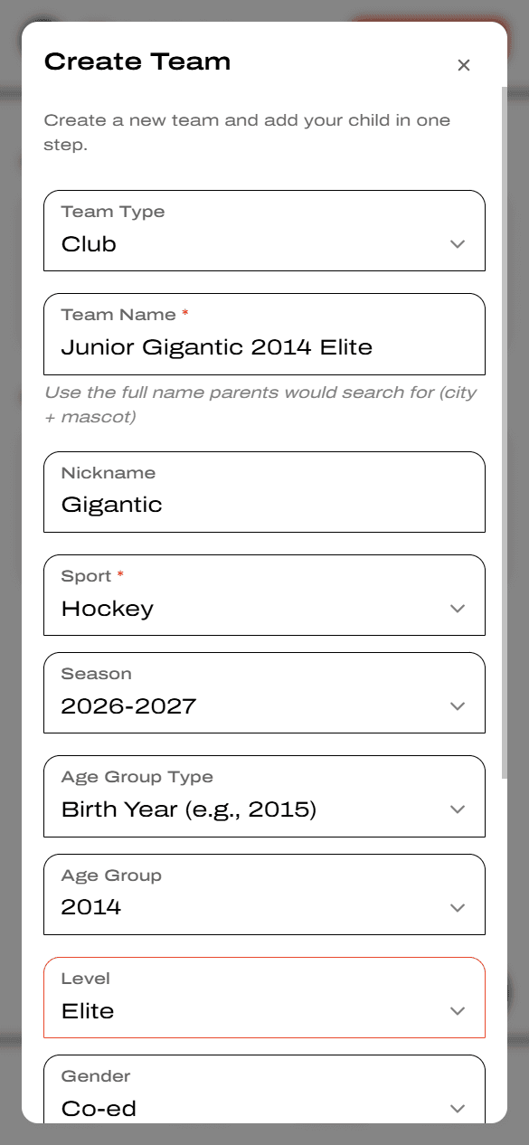 Create Team form: type, name, nickname, sport, season, age group, level, gender