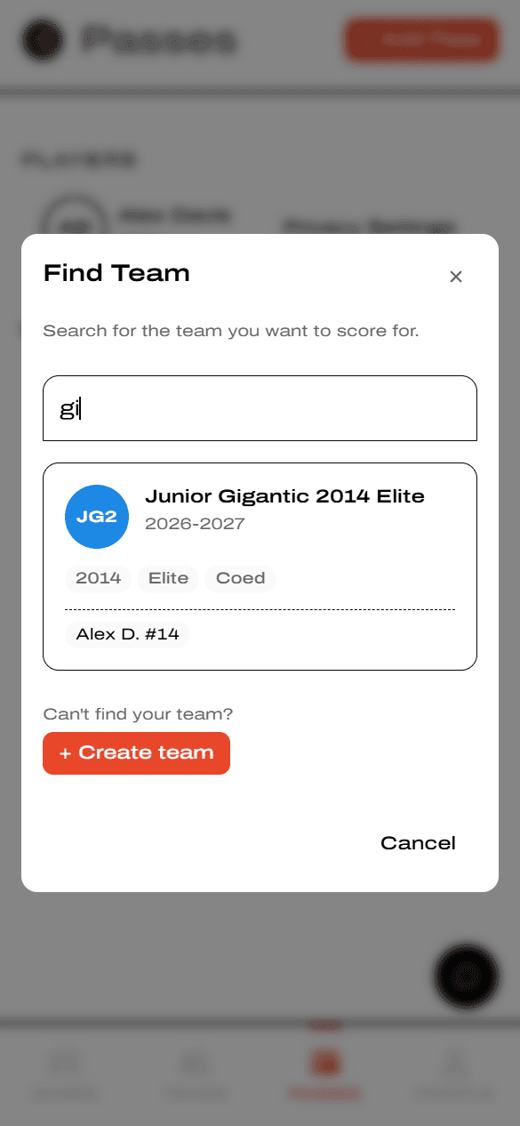 Find Team modal with search results and Create team button
