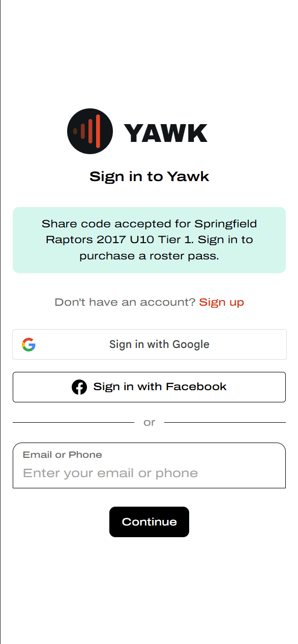Sign in screen with Share code accepted banner