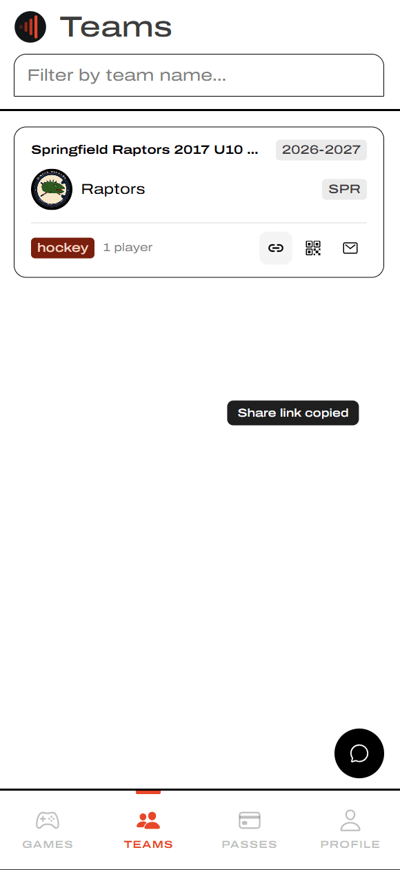 Share link copied toast on the Teams page
