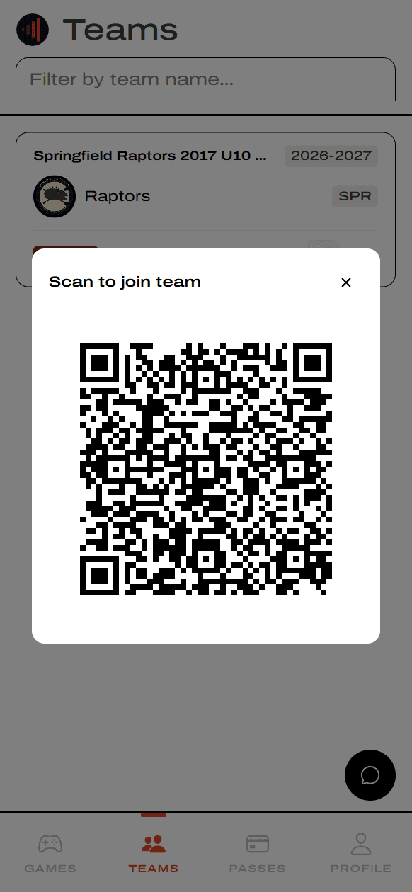 Scan to join team modal with QR code
