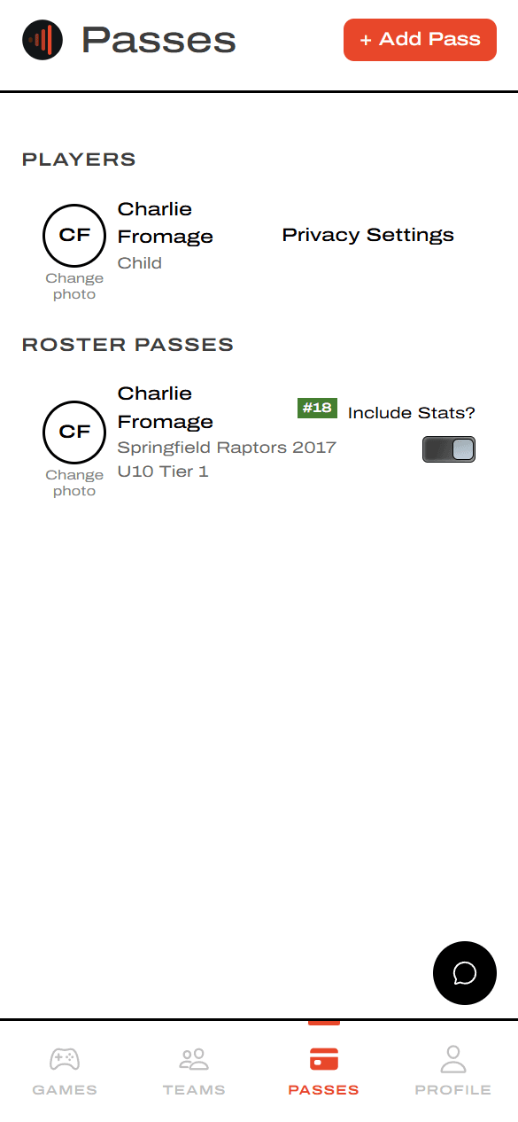 Passes page with Privacy Settings link next to a player row