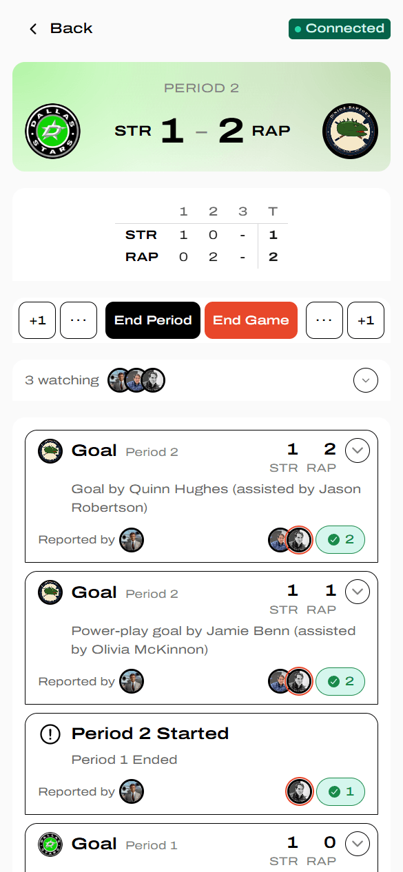 Hockey scoring console with Period 2 header, Block Score, and Goal events