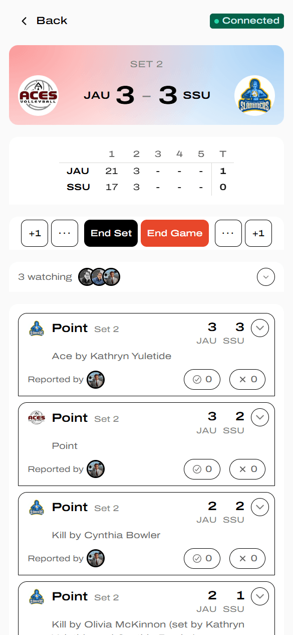 Volleyball scoring console with Set 2 header, Block Score, and Point events