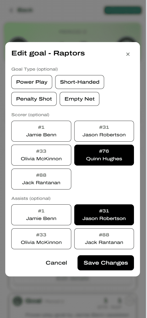 Edit goal modal with current Scorer and Assist highlighted