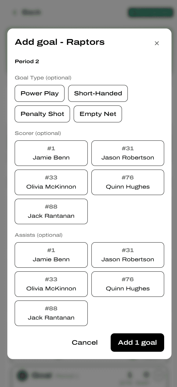Add goal modal with Goal Type, Scorer grid, and Assists grid