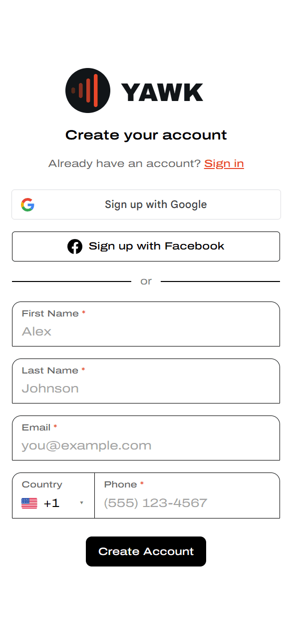 Create your account page with Google, Facebook, and email sign-up form