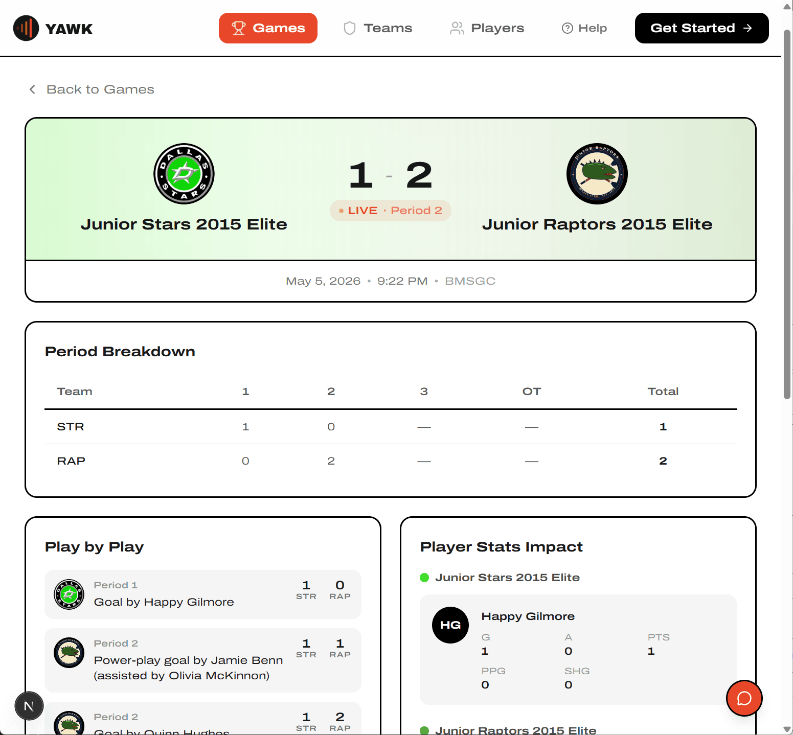 Live game detail page on yawk.fun with Headline Score, Block Score, and Play by Play
