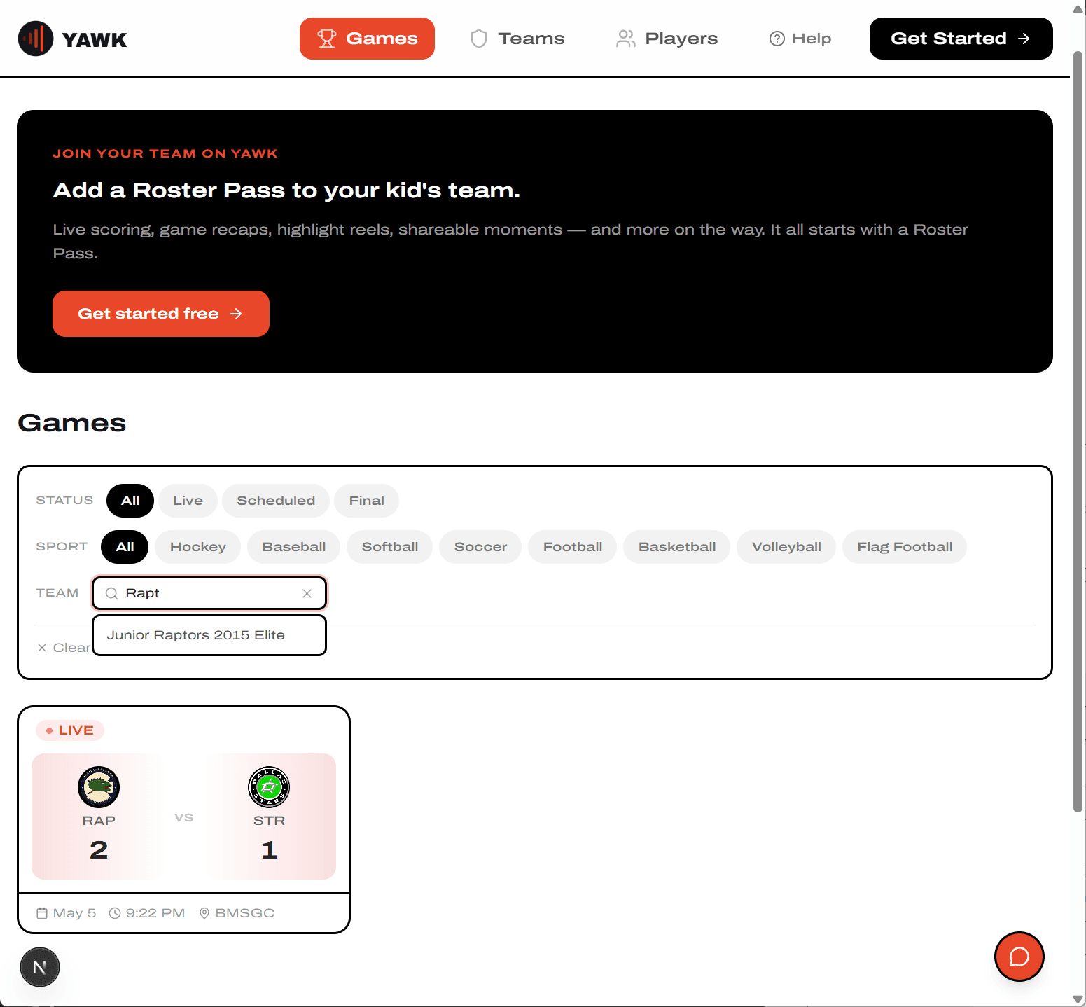 Games page on yawk.fun with status, sport, and team filters and a live game card