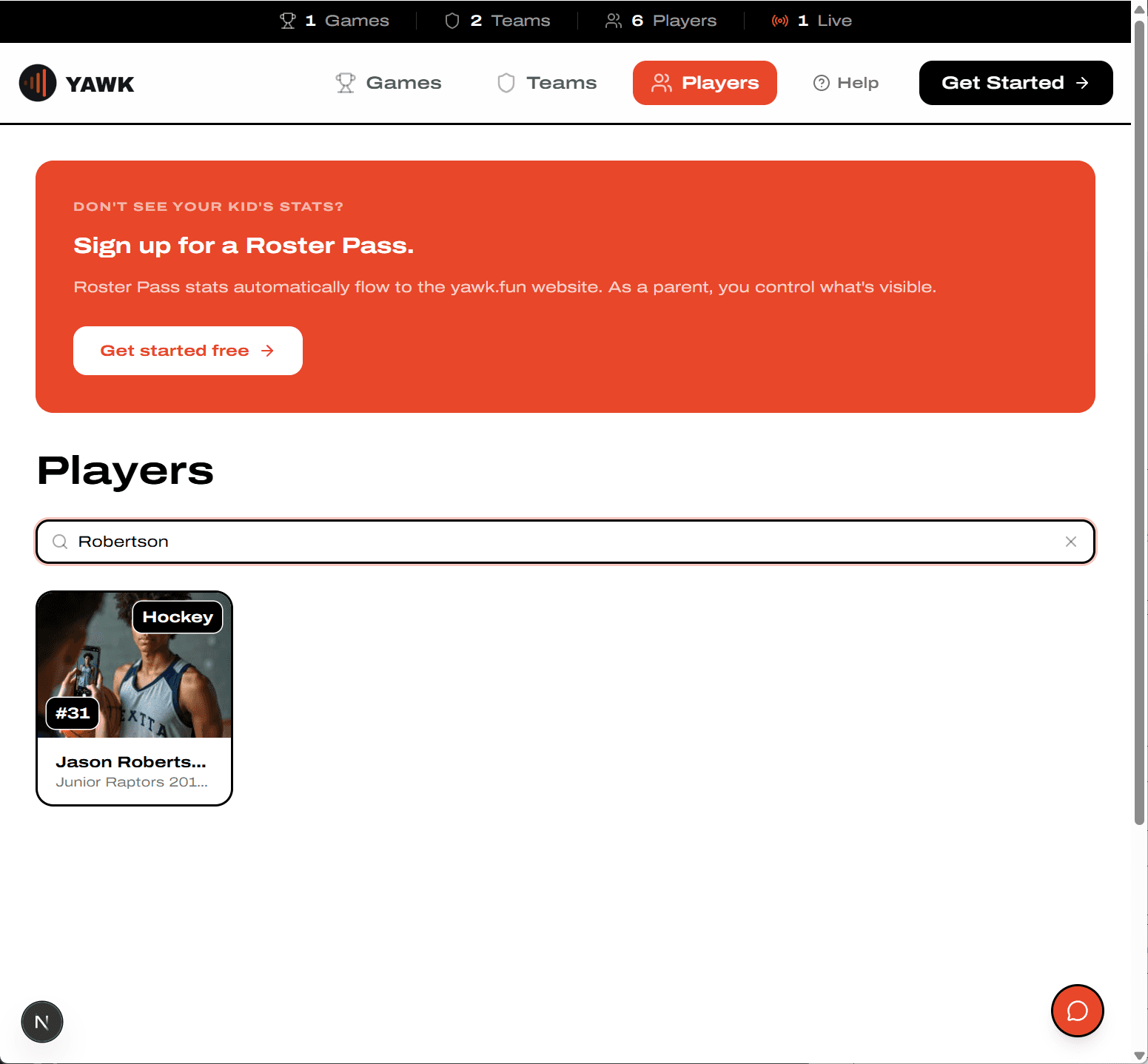 Players page with search showing a matching player card
