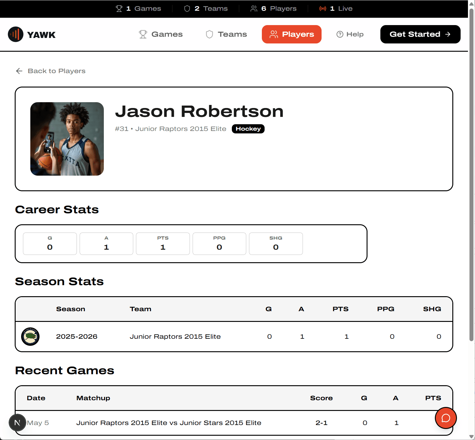 Player detail page with Career Stats, Season Stats, and Recent Games
