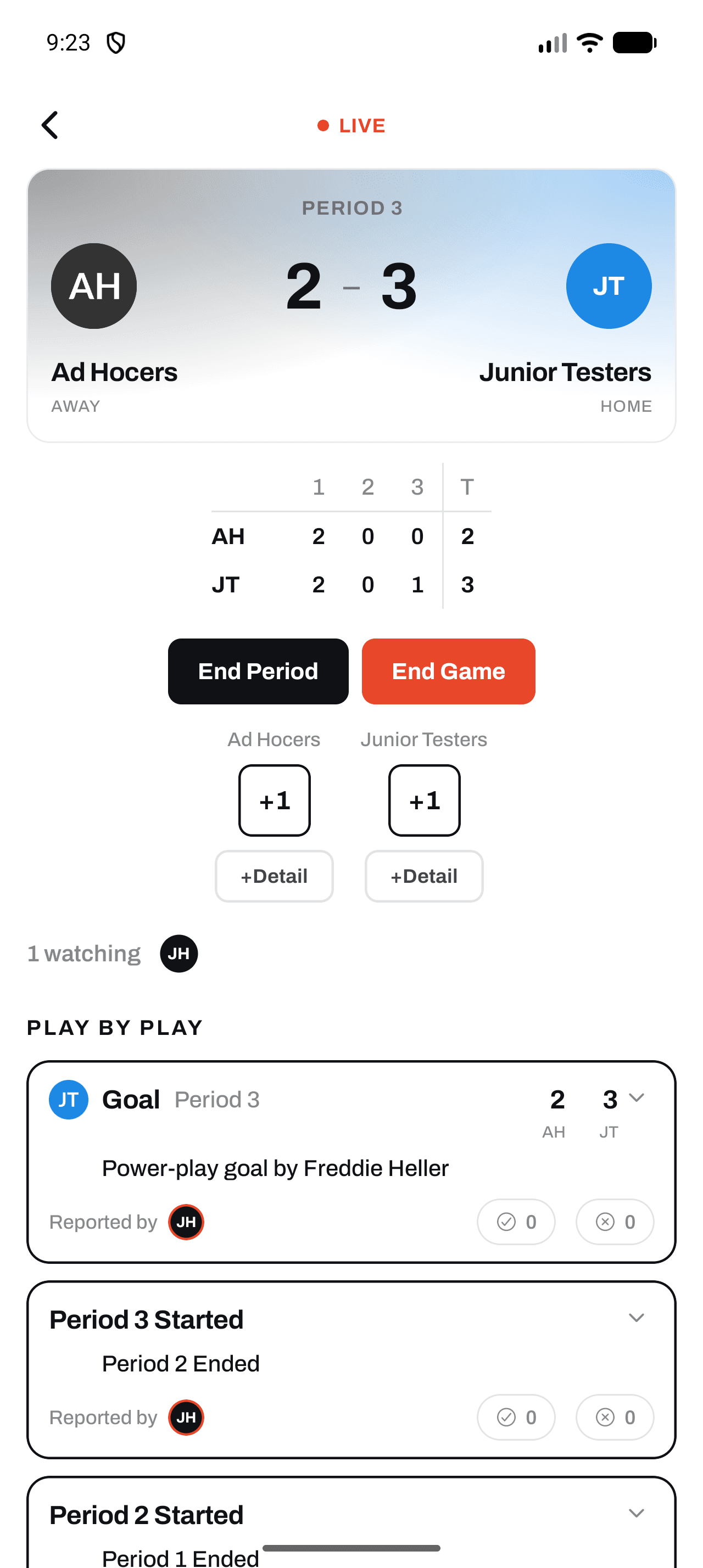 YAWK live scoring on a phone