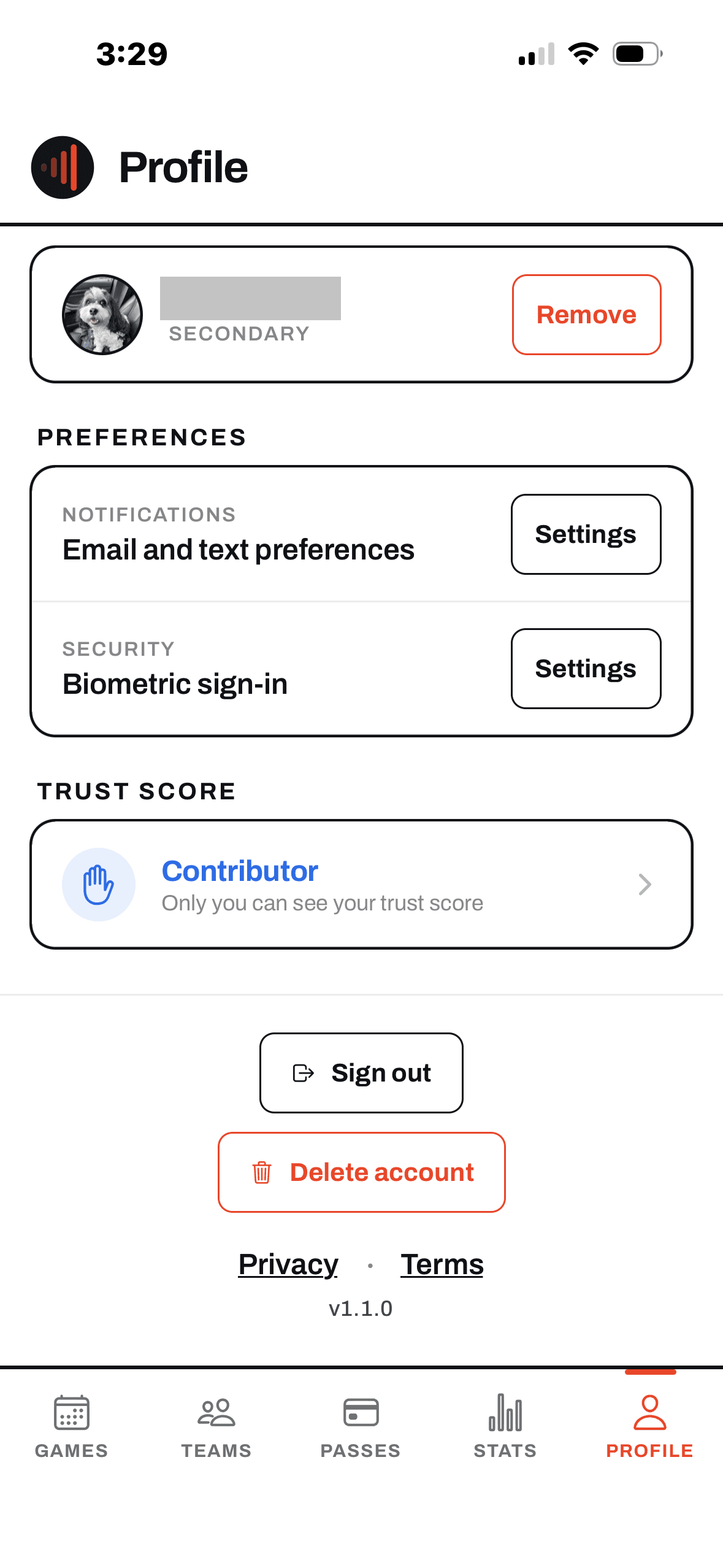 YAWK mobile app Profile screen with the Delete account button at the bottom