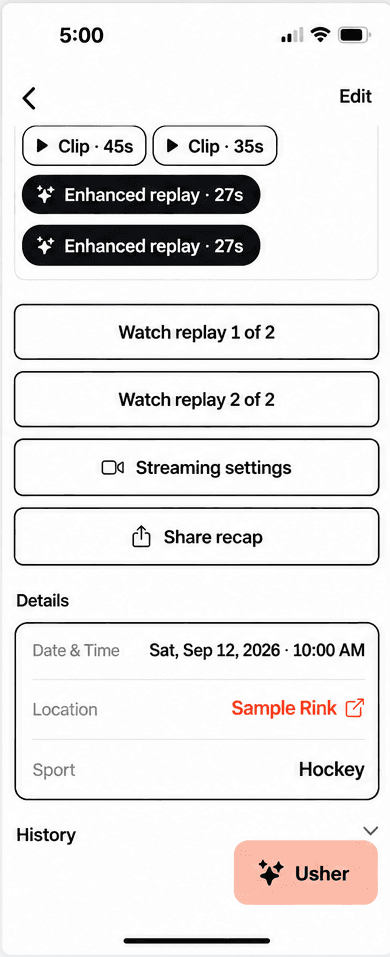 Game detail with Clip and Enhanced replay buttons above Watch replay 1 of 2 and Watch replay 2 of 2, then Streaming settings and Share recap