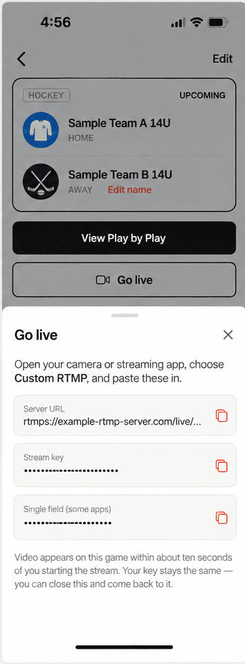 Go live sheet over the game detail, showing Server URL, Stream key and the Single field option