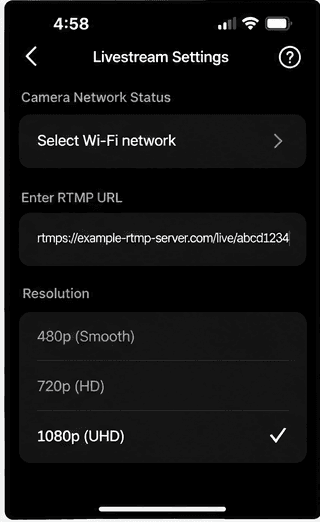 XbotGo Livestream Settings with the RTMP URL pasted in and a resolution list