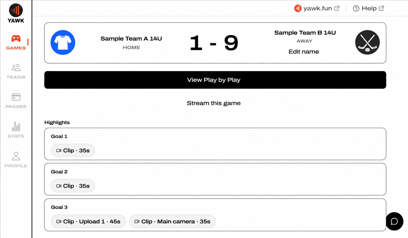 Highlights list on the web: Goal 1 and Goal 2 with one clip each, Goal 3 with Clip · Upload 1 beside Clip · Main camera